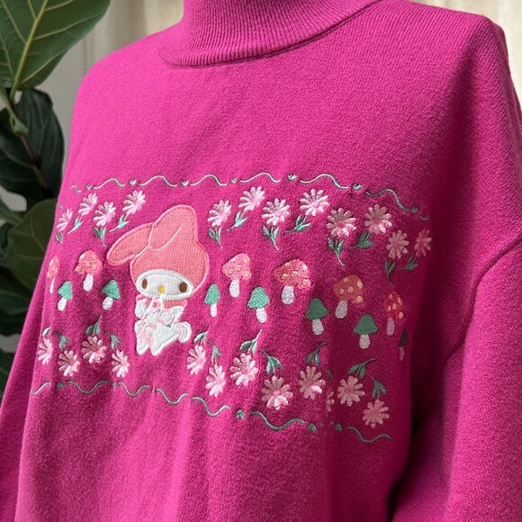 Hello Kitty & Friends Pink Embroidered Mushroom Floral Sweater LG Turtleneck - Picture 7 of 15